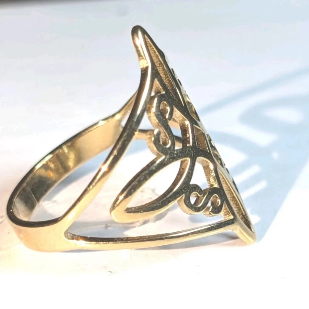 Witch Knot Golden Stainless Steel Ring for Women Wiccan Cross Celtics Knot Sz 7